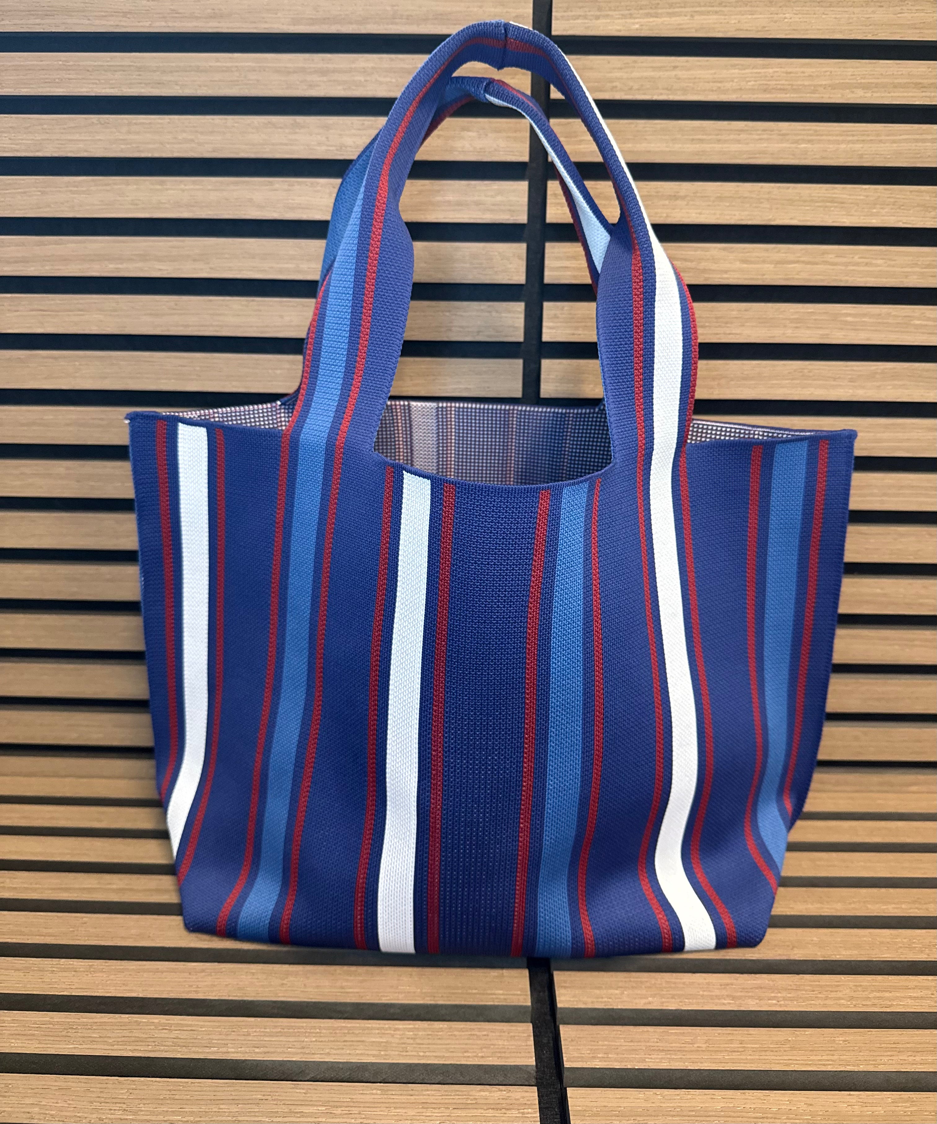 Personalized Red, White & Blue Striped Woven Tote Bag