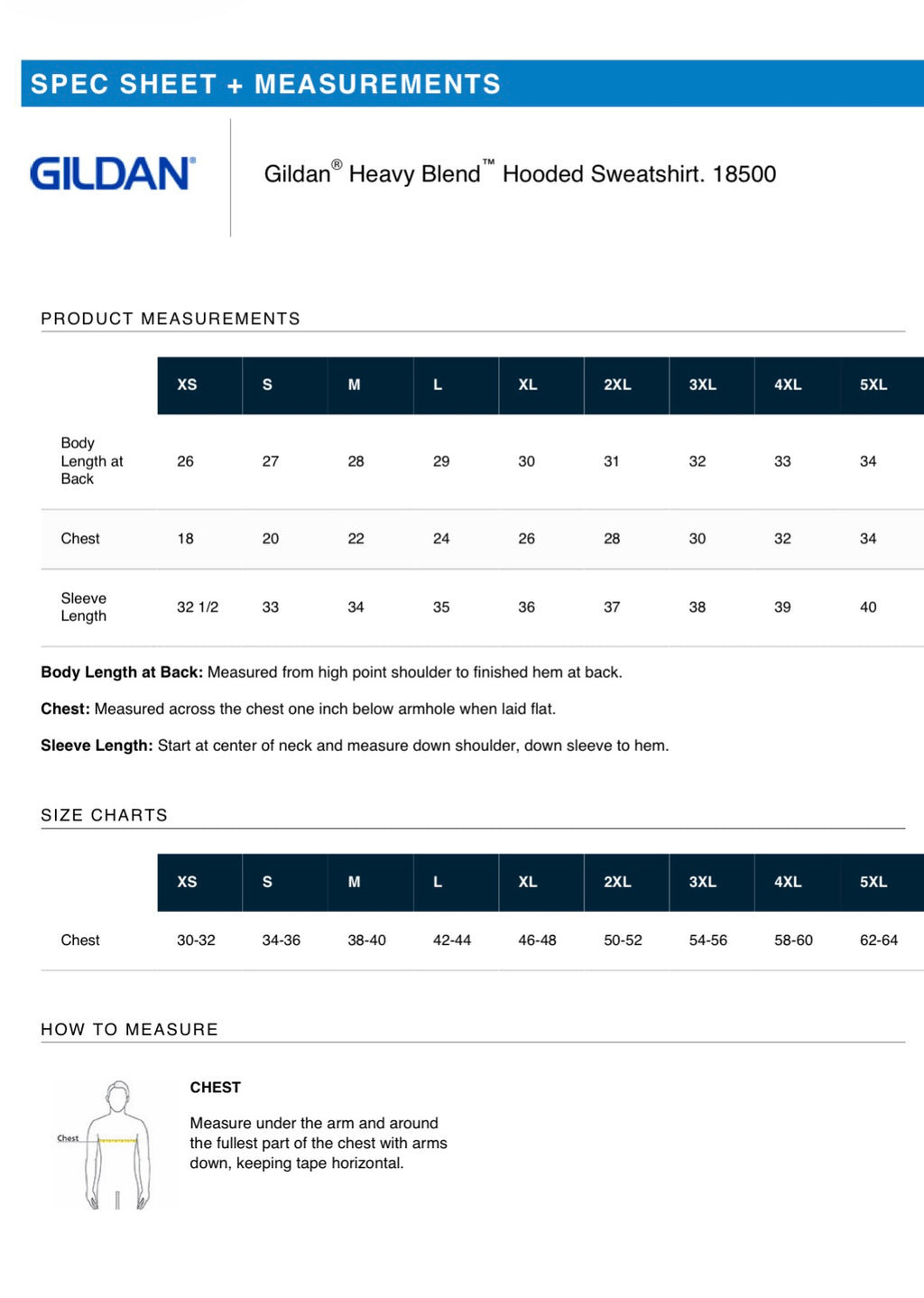 Gildan hoodie specification sheet with measurements and size chart.