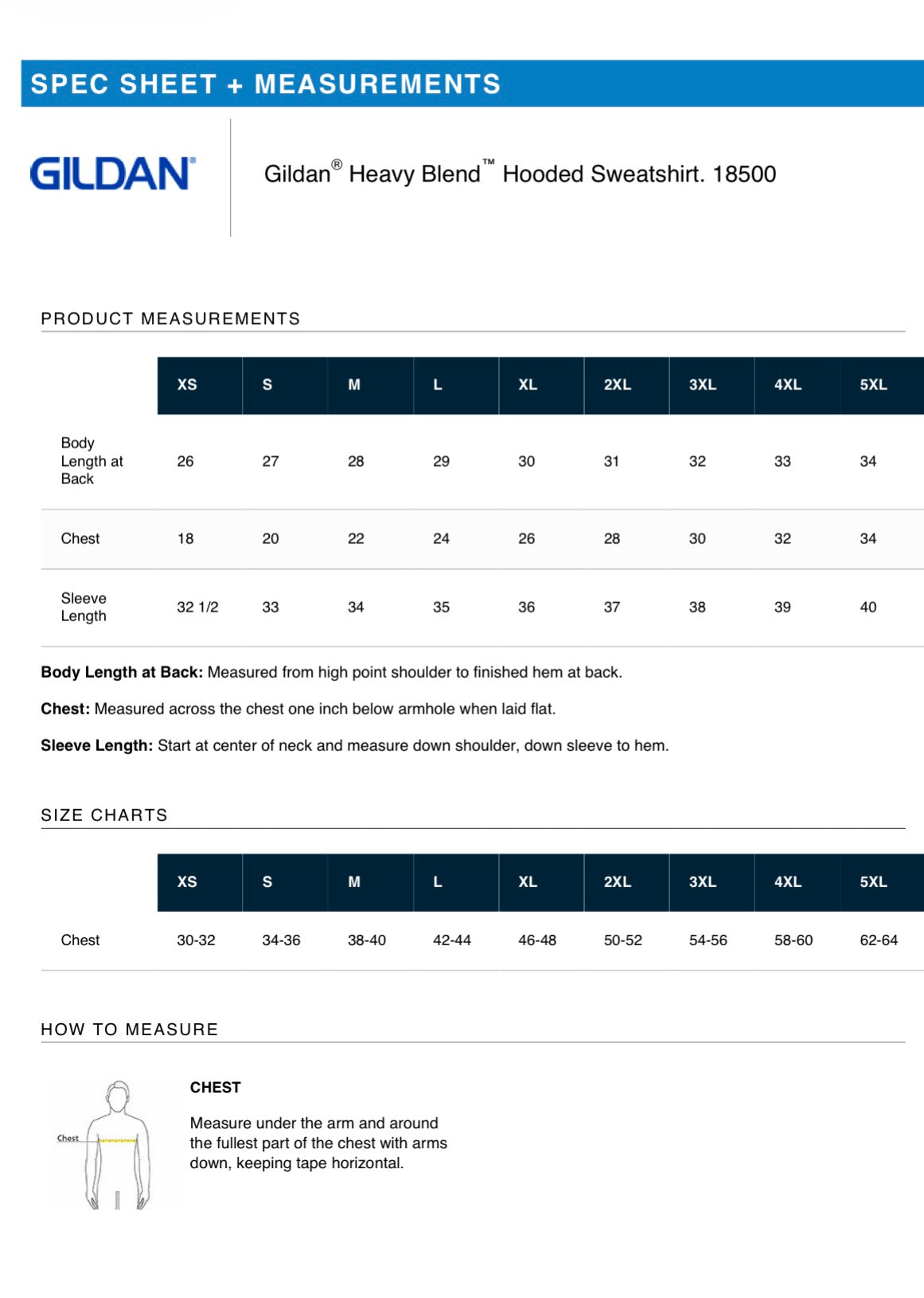 Gildan hoodie specification sheet with measurements and size chart.