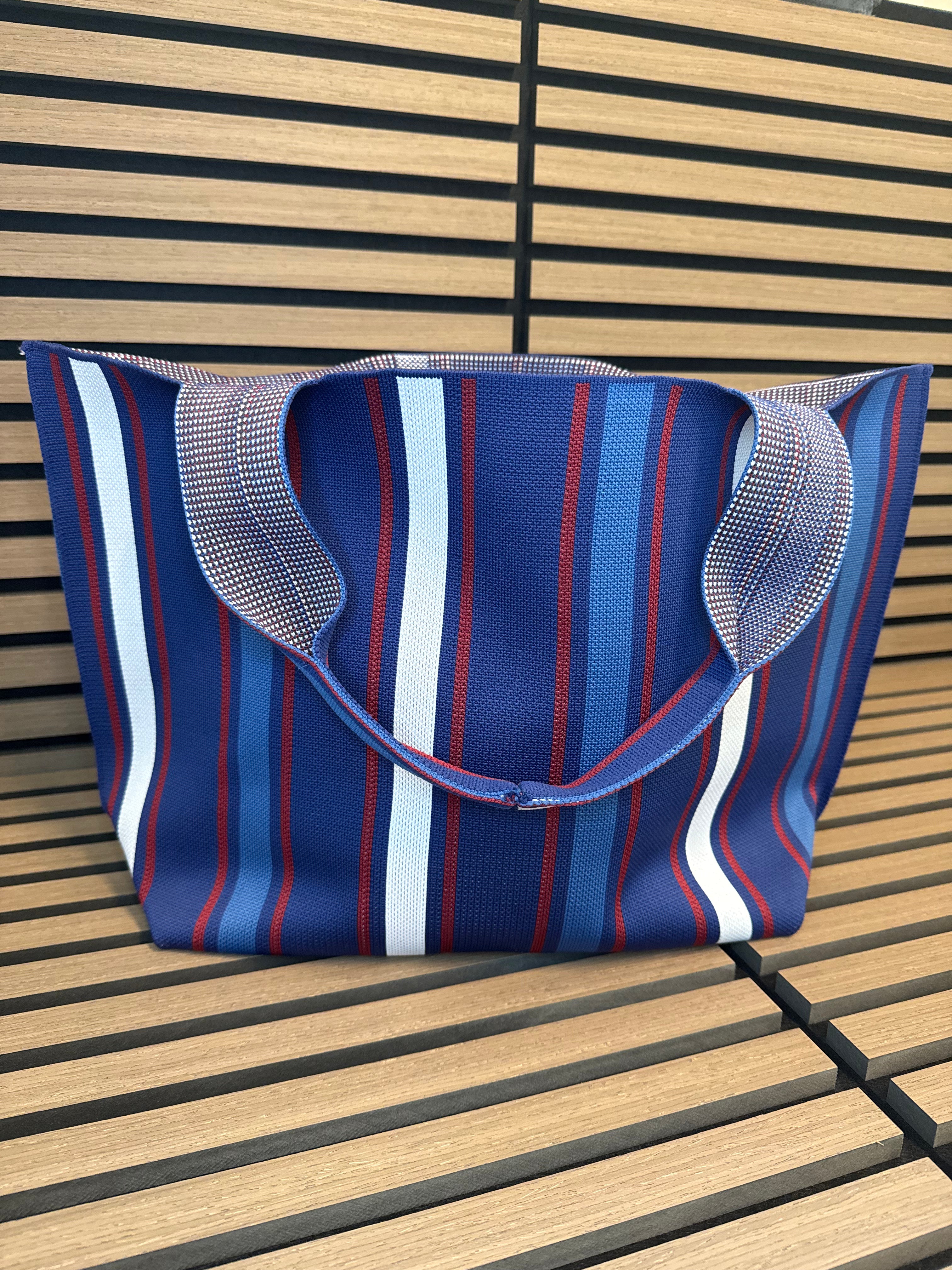 Personalized Red, White & Blue Striped Woven Tote Bag
