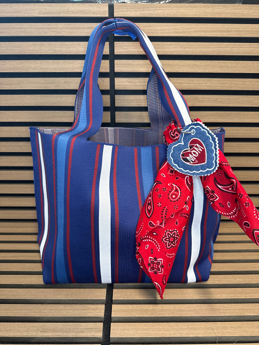 Personalized Red, White & Blue Striped Woven Tote Bag