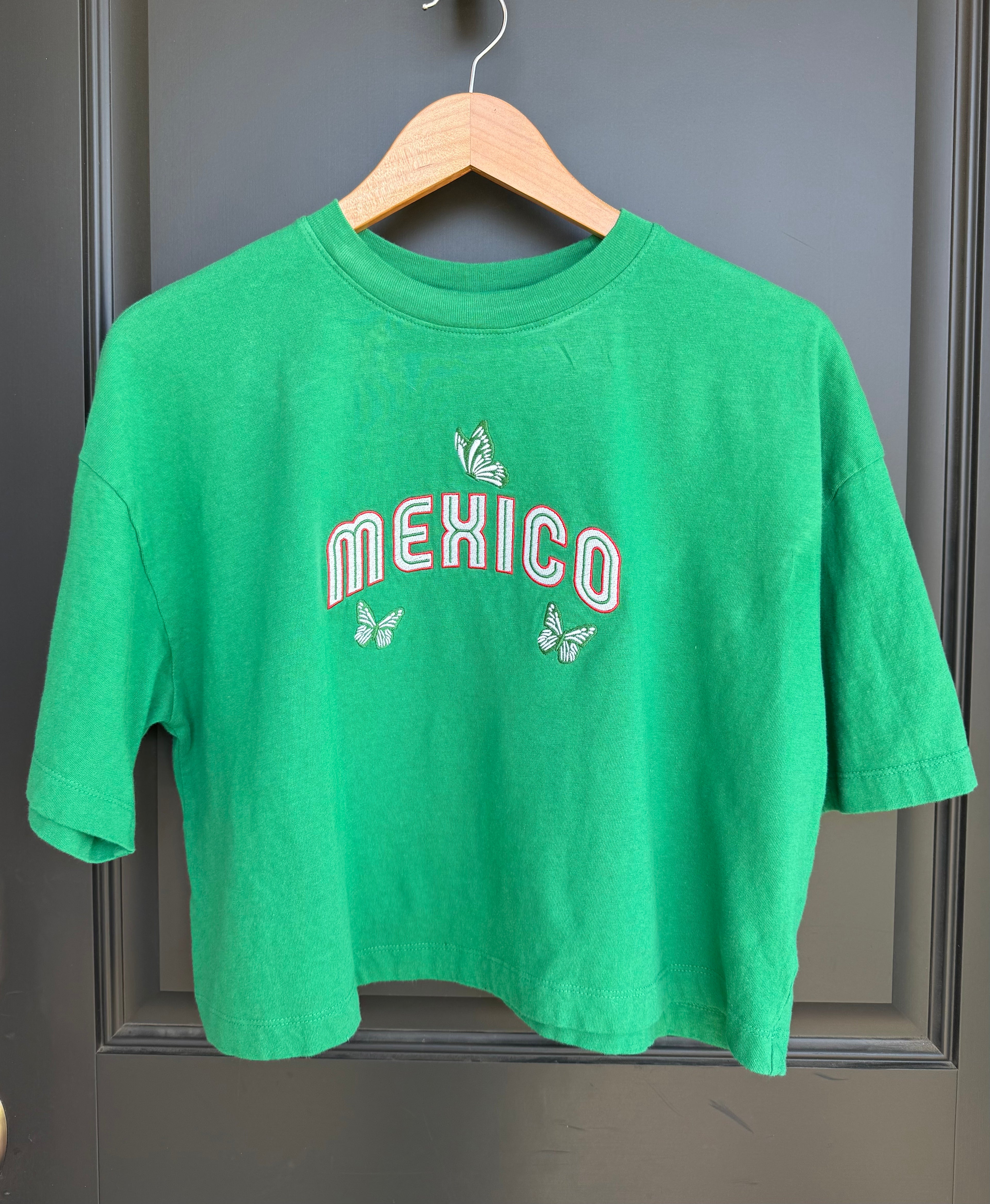 Mexico Embroidered Crop Tee | Butterfly Mexican Flag Shirt | Mexico Soccer Crop Top